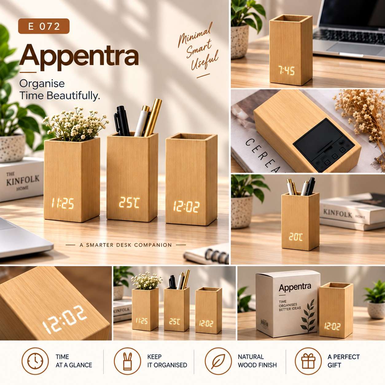 Wooden Desk Organizer with Digital Clock - Smart Corporate Gift Wooden Desk Organizer with Digital Clock - Smart Corporate Gift