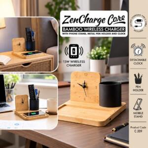 Bamboo Wireless Charger with Clock, Stand & Pen Holder