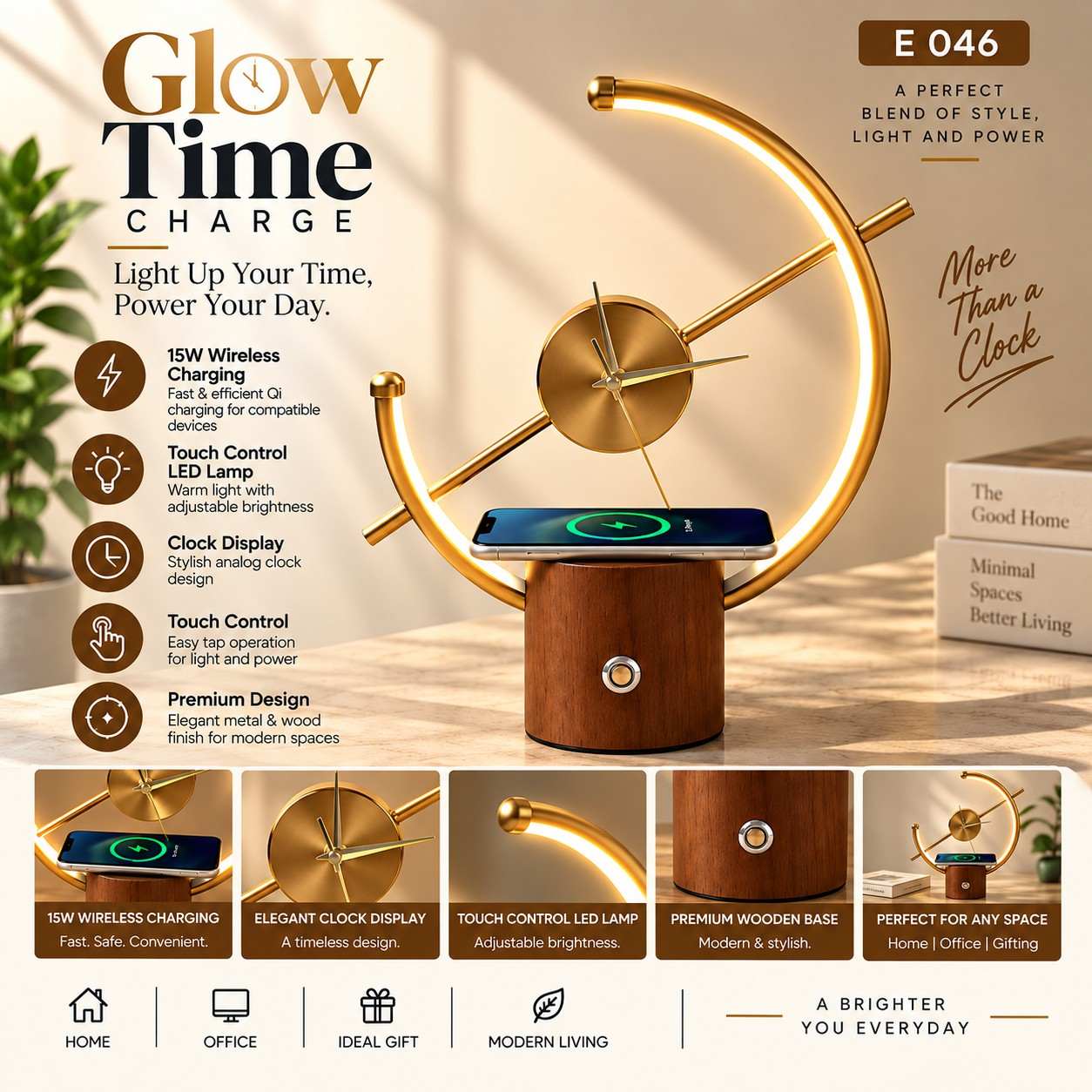 Premium Wireless Charging Clock with Touch LED Lamp Premium Wireless Charging Clock with Touch LED Lamp